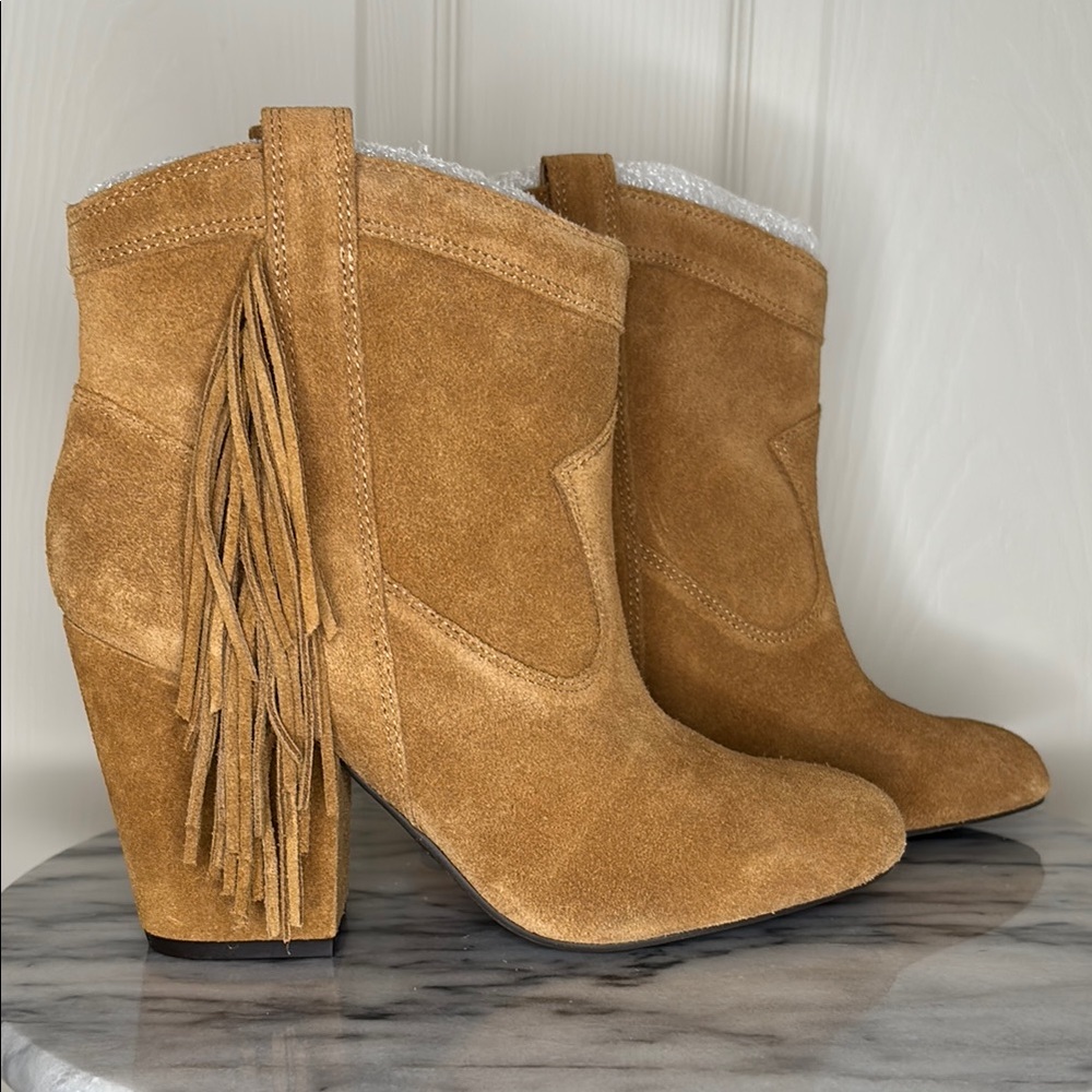 Jessica Simpson “Wyoming” Tan Heeled Boots with Fringe